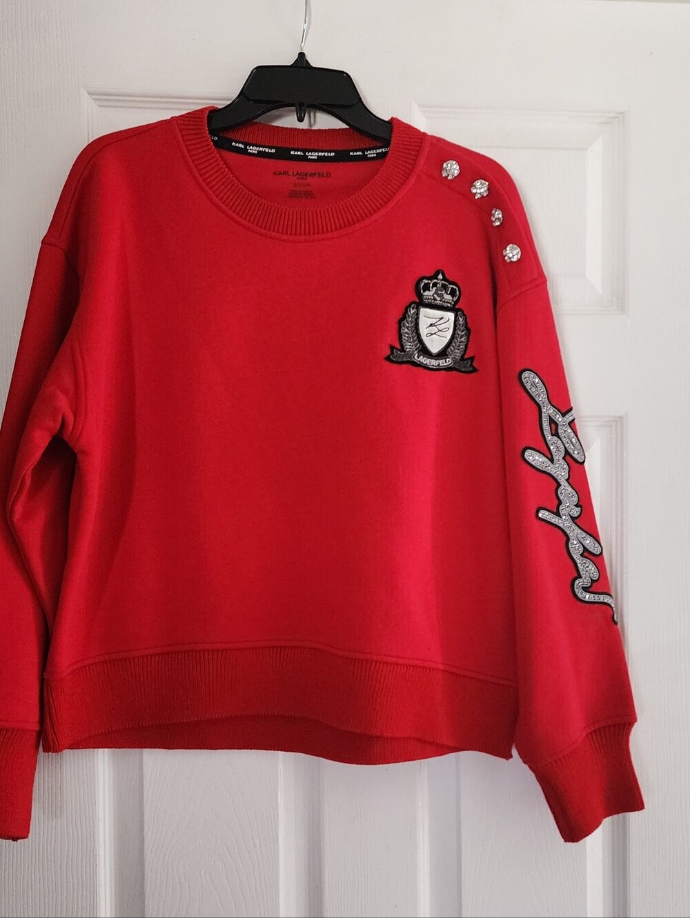 Karl Lagerfeld Red Crewneck Sweatshirt with Embellished Sleeve